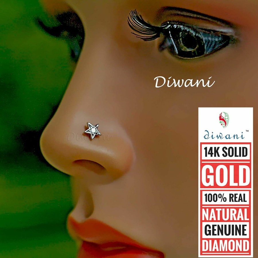 Wholesale DIWANI Diwani 14K Gold Gii Certified Natural Vs Diamond 5 Point Star Shape Engagement Nose Lip Labret Monroe Piercing Ring Stud Screw Pin (0.30 Cents, E-F Colour) 18 Gauge Thick 8.0Mm Length Screw Back Post