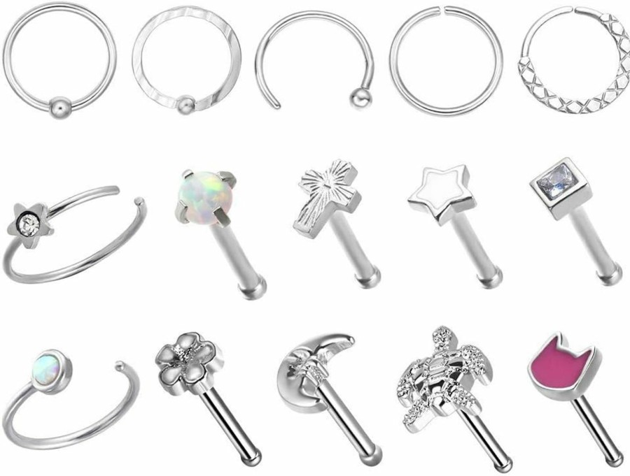 Best WASOLIE Wasolie 15 Pcs Gem Nose Rings For Women 316L Stainless Steel Fake Opalnose Piercings Jewelry Screw Men Nose Studs Rings.