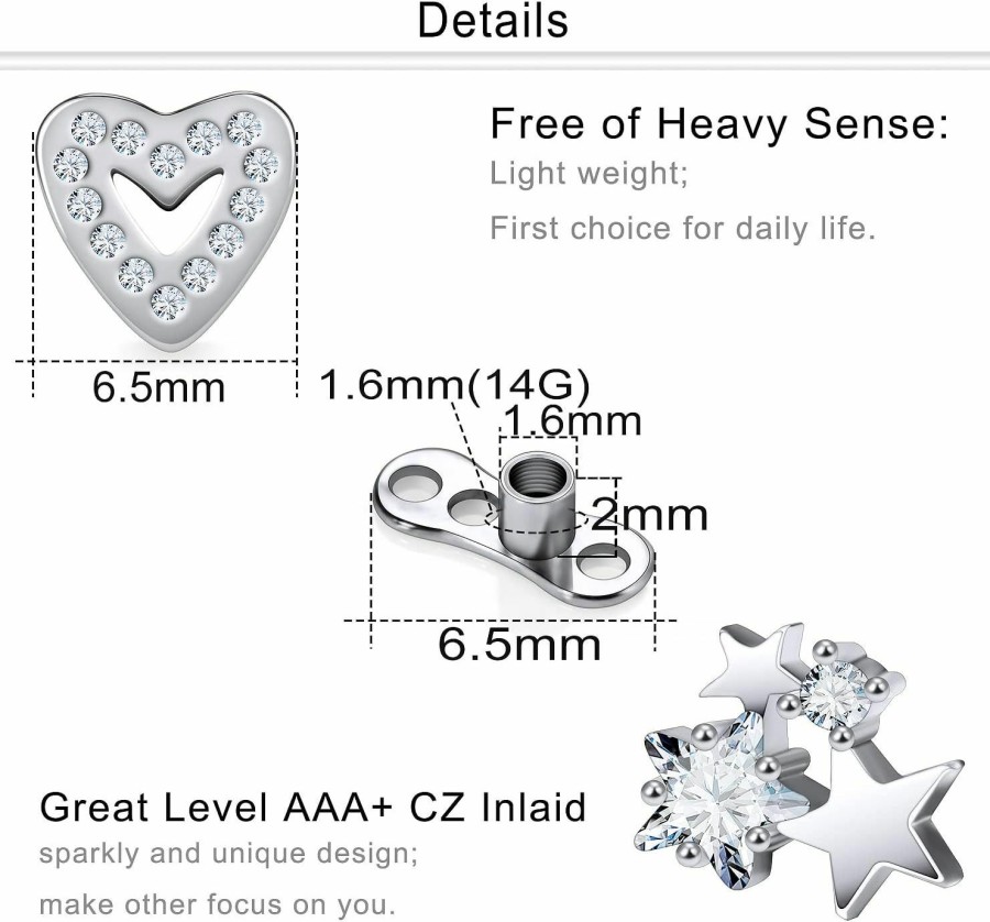 New Dyknasz Dyknasz 14G Grade 23 Titanium Dermal Anchor Tops And Base Internally Threaded Clear Gem Star Heart Piercing Jewelry For Women Men