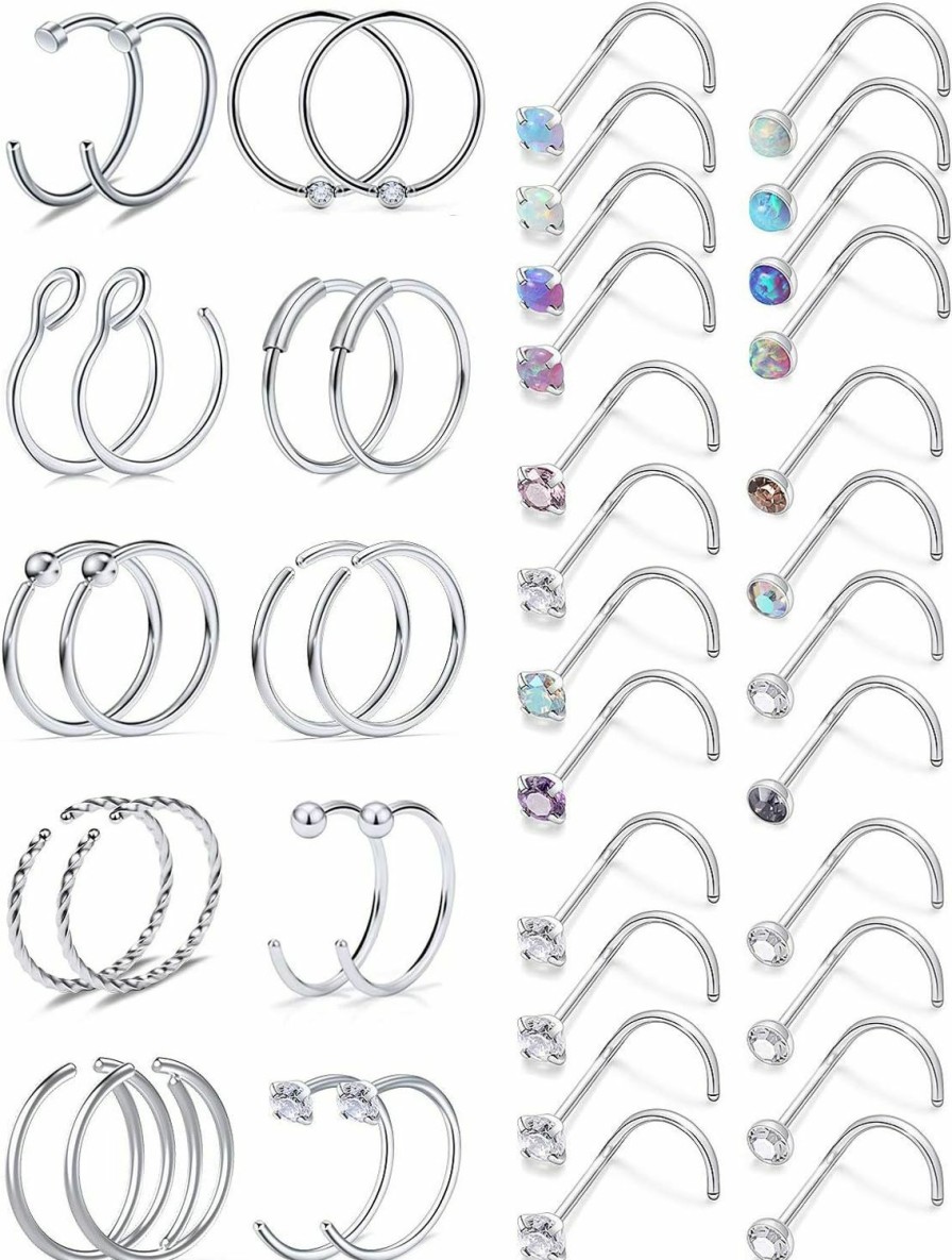 Online Oufksiyy Oufksiyy Surgical Steel Nose Rings Studs 20G 18G 44-48Pcs Nose Rings Hoop Straight Nose Studs L Shape Nose Piercing Screw Nose Jewelry Cute Small Cz Opal Nose Ring Stud For Men Women 2Mm Cubic Zircon