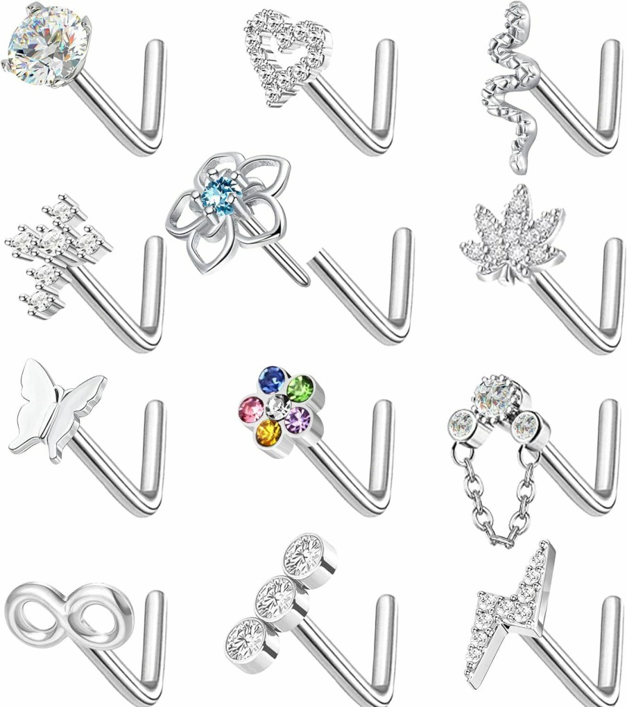 Online Staligue Staligue 12Pcs Threadless Push In Nose Rings 20G L Shaped Dangle Push In Nose Studs Stainless Steel Pushin Nose Screw Studs For Women L Shaped Screw Studs Flower Heart Nose Push In Piercing Jewelry