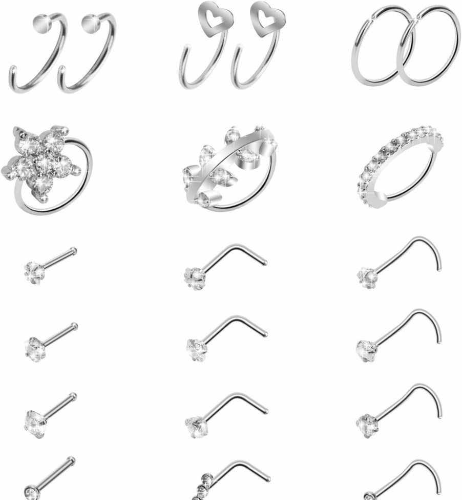 Clearance CrazyPiercing Crazypiercing 21P Nose Ring Set 20G Hoop Nose Rings L Shape Nose Ring Stainless Steel Nose Rings Nose Piercing Stud Cz Nose Ring Jewelry For Women