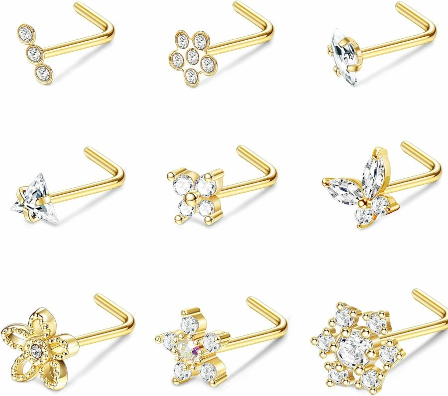 Best BodyBonita Bodybonita 9Pcs 20G Nose Rings Studs With Big Bling Cz Snowflake Star Top Surgical Steel L-Shaped Nose Studs Triple Linear Gem Ball Round Diamond Cz Nose Piercing Jewelry 7Mm