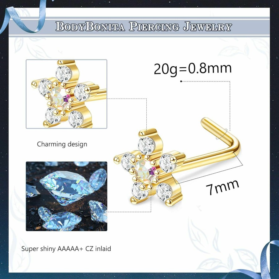 Best BodyBonita Bodybonita 9Pcs 20G Nose Rings Studs With Big Bling Cz Snowflake Star Top Surgical Steel L-Shaped Nose Studs Triple Linear Gem Ball Round Diamond Cz Nose Piercing Jewelry 7Mm