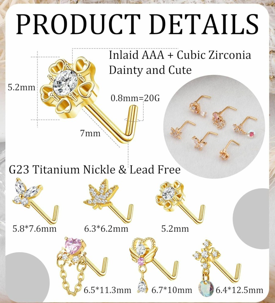 Hot Staligue Staligue 6Pcs G23 Titanium Nose Ring 20G Hypoallergenic Nose Rings Studs L Shaped For Women Men Cz Flower Cross Heart Dangle Nose Ring Nose Piercing Jewelry For Sensitive Skin