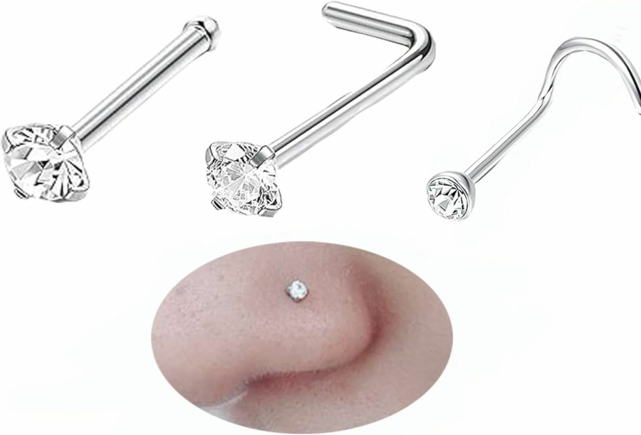 Clearance ZZHDCC Zzhdcc 20G Nose Studs L Shaped 2Mm Clear Cz Nose Rings Studs Nose Rings For Women Corkscrew Nose Studs Nose Nostril Piercing Jewerly