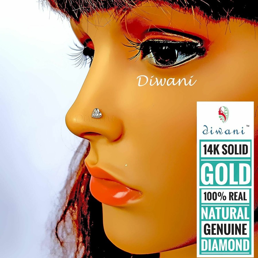 Clearance DIWANI Diwani 14K Gold Gii Certified Natural I Diamond Heart Shape Engagement Wedding Nose Piercing Ring Stud Pin (0.030 Cents, G-H Color) 20 Gauge Thick 5.0Mm Length Spiral Wire Post