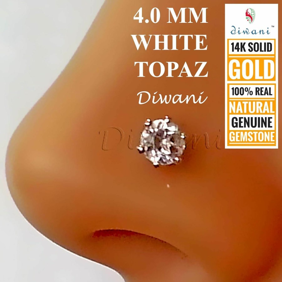 Online DIWANI Diwani 14K Gold 4.0Mm Natural White Topaz Gemstone Engagement Wedding Nose Lip Labret Monroe Body Piercing Ring Stud Pin Screw (0.230 Cents, Color- White) 18 Gauge Thick 8.0Mm Length Screw Back Post