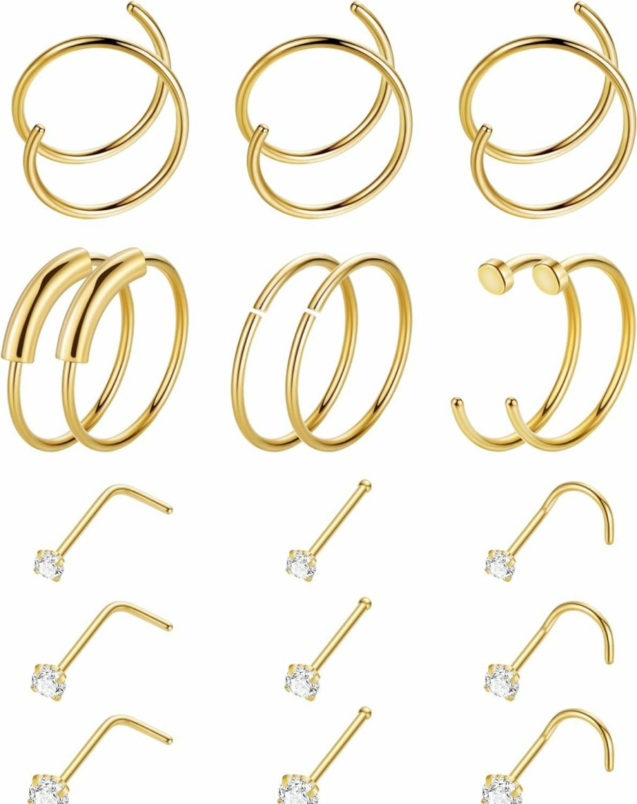 Wholesale SOMEITIA 18 Pcs 18G 20G 22G Surgical Steel Nose Rings Hoop For Women Men Nose Studs Double Nose Ring Set Nostril Piercing Jewelry