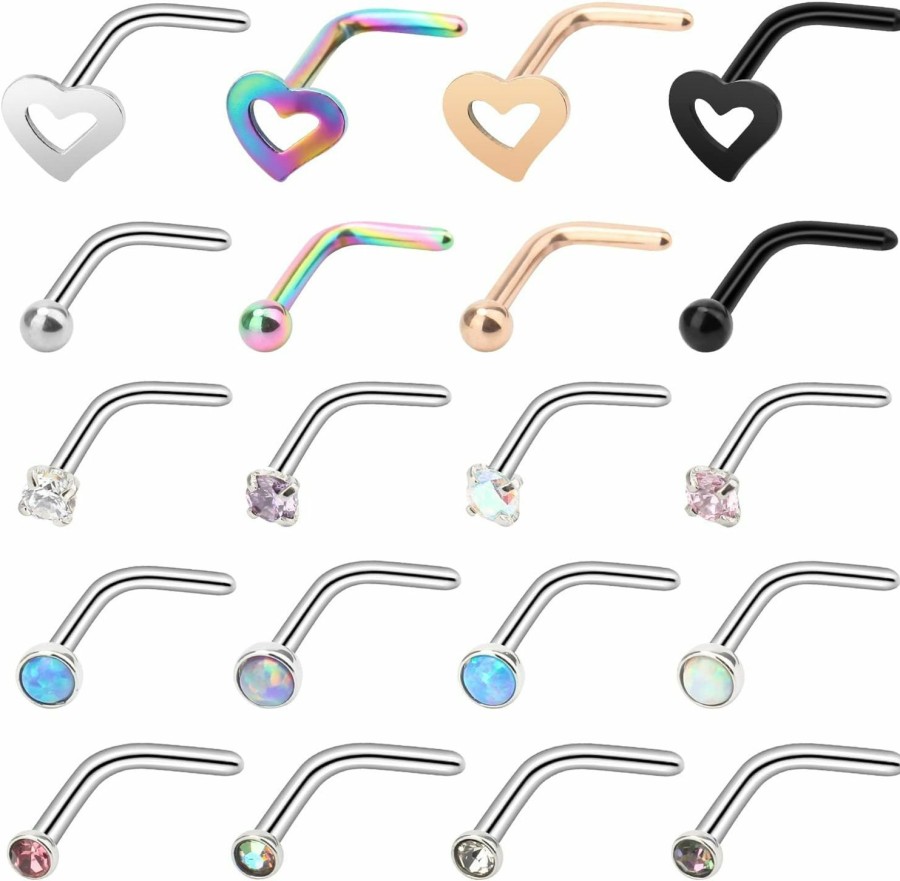 Hot CrazyPiercing Crazypiercing 20Pcs L Nose Rings 20G Cute Nose Studs Stainless Steel Nose Ring Opal Nose Piercing Rings Cubic Zircon Nose Piercing Jewelry For Women Man (Silver)