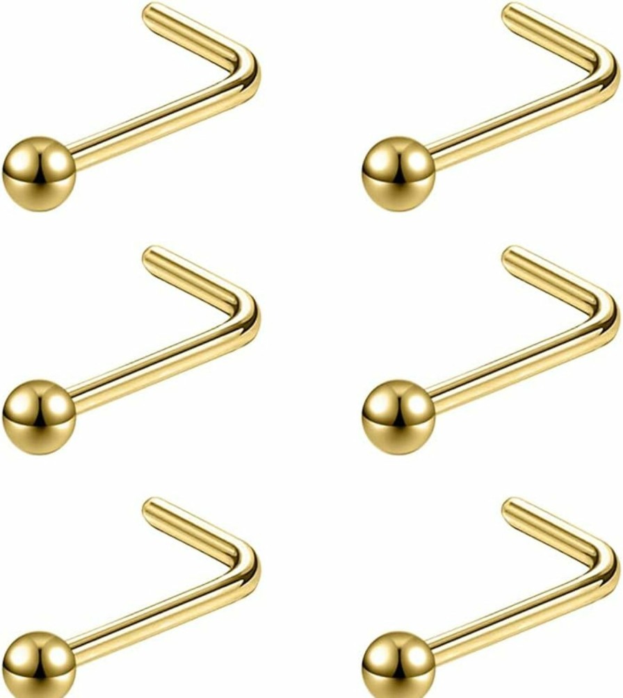 Wholesale 6ixGosh 6Ixgosh 6Pcs 20G Nose Studs 3Mm Ball Flat Surgical Steel Nose Ring For Women Men Black Rose Gold Nose Stud L Shaped Corkscrew Nose Ring Studs Cute Nostril Nose Piercing Jewelry