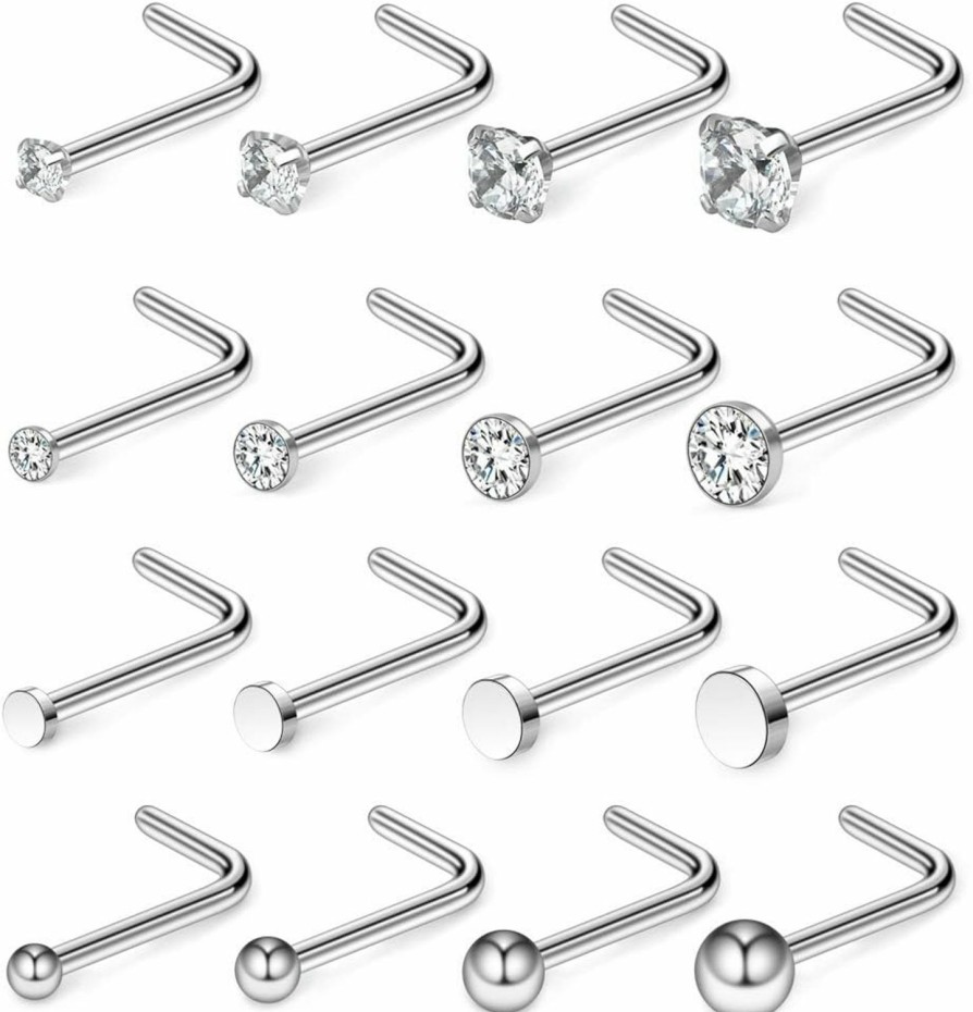 Clearance Ruifan Ruifan 20G 18G Surgical Steel 1.5Mm-3Mm Flat Ball Clear Diamond Cz Opal Heart Nose Stud Rings L Shaped Piercing Jewelry 16-24Pcs