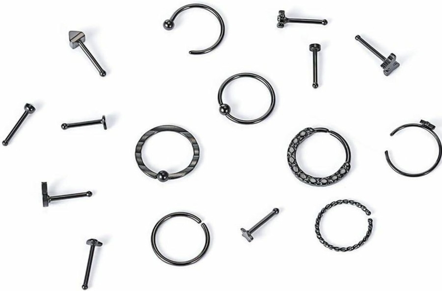 New WASOLIE Wasolie 16 Pcs Nose Rings For Women 316L Stainless Steel Nose Piercings Jewelry Screw Men Nose Studs Rings.