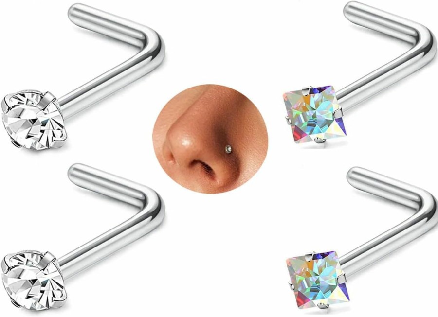 Online ZZHDCC Zzhdcc 20G Surgical Steel Nose Rings 18G L Shaped Nose Studs For Women Clear Cz Nose Ring Stud 2Mm Ball Round 4Pcs Cute Nose Rings L Shaped Nose Piercing Jewelry