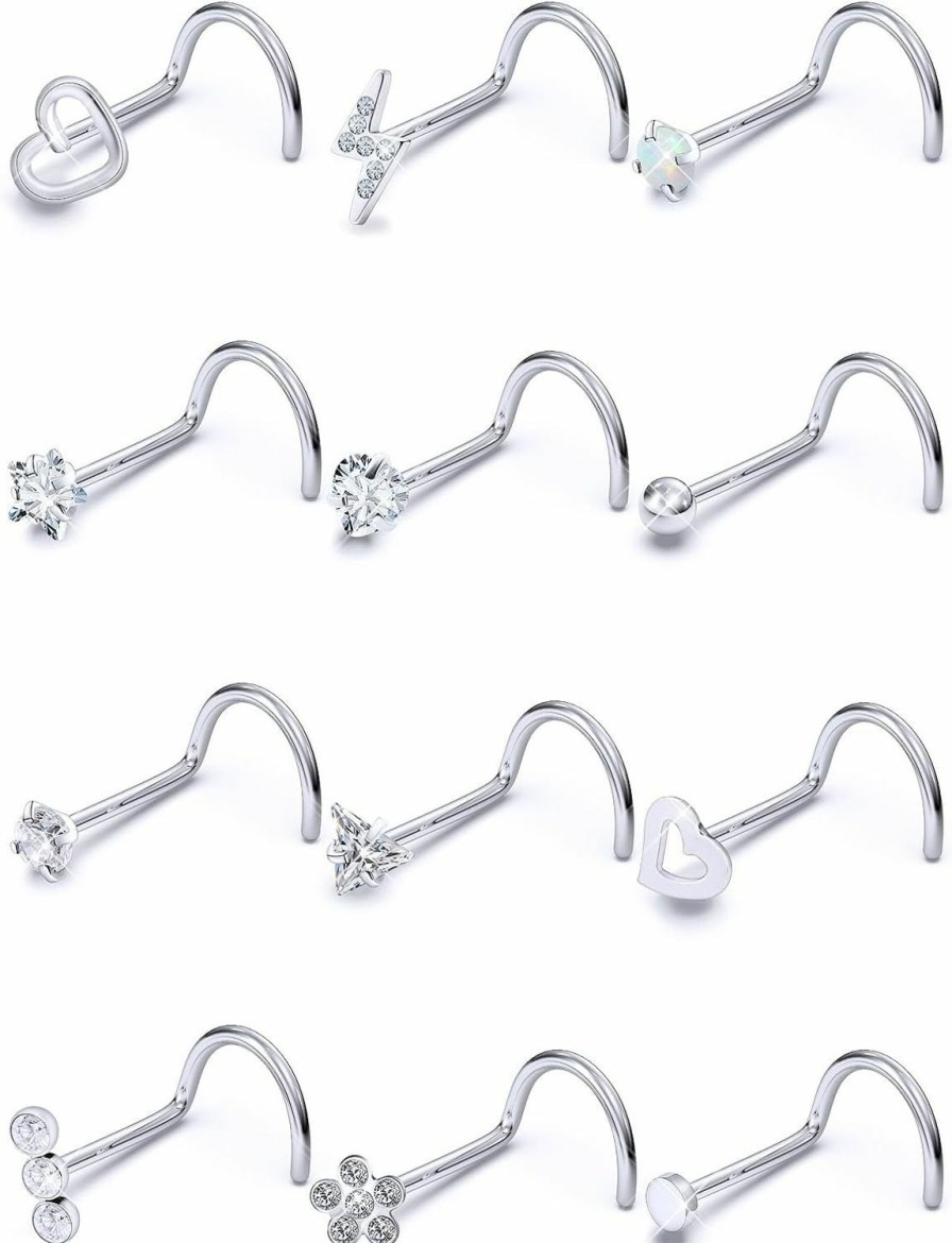 Hot Prjndjw Prjndjw Nose Rings Studs 20G Surgical Steel Nose Studs Hypoallergenic Cute Cz Small Heart Star L Shape 20 Gauge Nose Rings Silver Nose Ring Real Nose Stud Flower Opal Nose Rings 7Mm