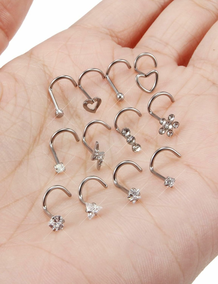 Hot Prjndjw Prjndjw Nose Rings Studs 20G Surgical Steel Nose Studs Hypoallergenic Cute Cz Small Heart Star L Shape 20 Gauge Nose Rings Silver Nose Ring Real Nose Stud Flower Opal Nose Rings 7Mm