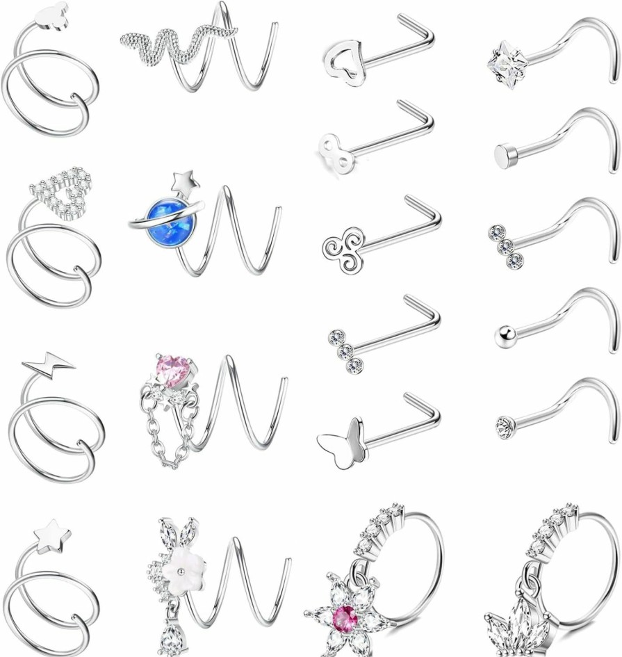 Clearance Jstyle Jstyle 20G Nose Rings For Women Nose Piercings Jewelry Double/Sprial Nose Rings Hoops L Shape Nose Studs Screw Hypoallergenic Nostril Surgical Stainless Steel Nose Rings Studs For Women Men