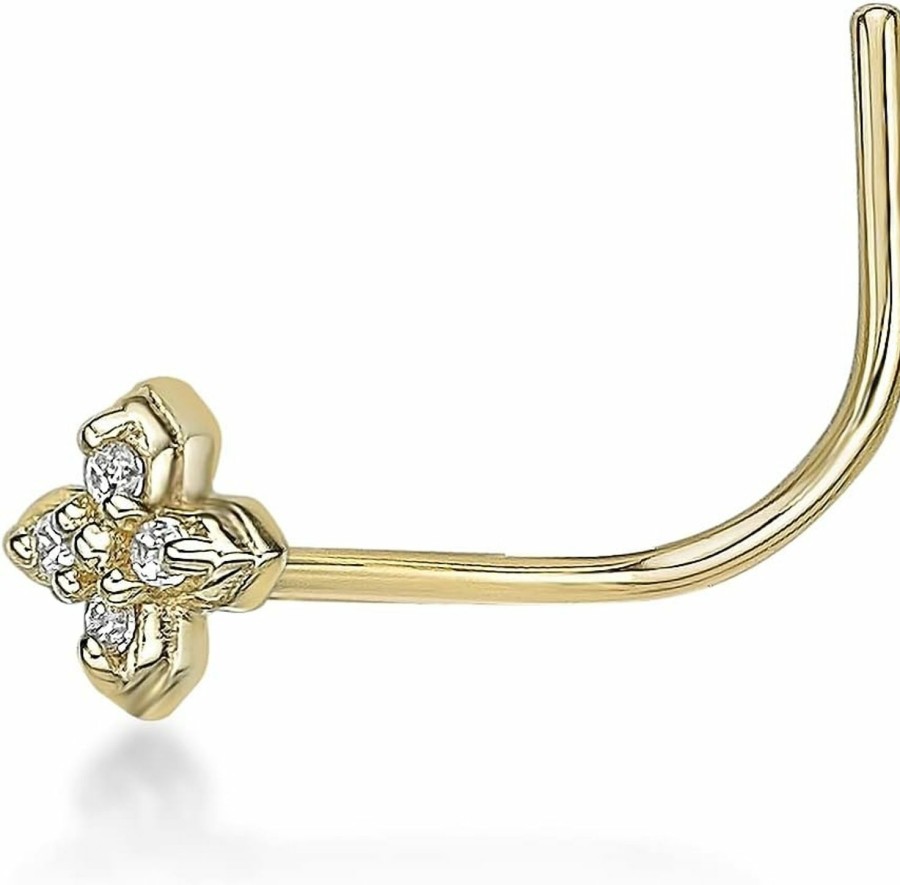 Best Lavari Jewelers 20 Gauge Cubic Zirconia Curved Screw Flower Nose Ring In 14K Yellow Gold Cz Uni Stud Nose Ring Hypoallergenic 20G Body Piercing By Lavari Jewelers