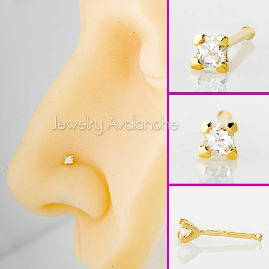 Hot Jewelry Avalanche Jewelry Avalanche V-Prong Set Princess Cut Moissanite 14K Gold Nose Bone Stud - Uni 22G Ball-End Nose Ring Stud - April Birthstone