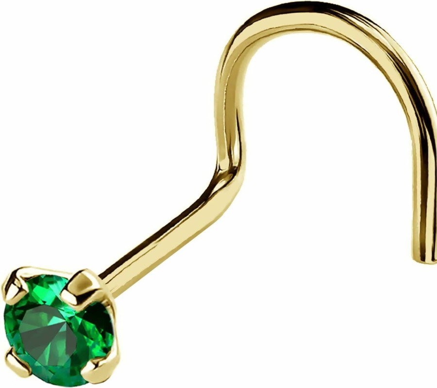 New Jewelry Avalanche Jewelry Avalanche 22G Solid 14Kt Gold Nose Screw Stud With Prong Set Real Emerald Gemstone, 14Kt Yellow Gold Or 14Kt White Gold - May Birthstone Nose Ring