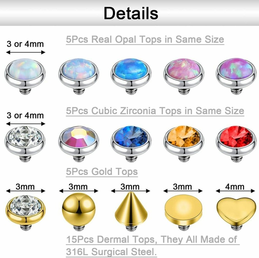 Best PunkTracker Punktracker 316L Surgical Steel Opal Dermal Piercing Jewelry Cubic Zirconia Dermal Tops Internally Threaded Dermal Piercing Kit Dermal Jewelry