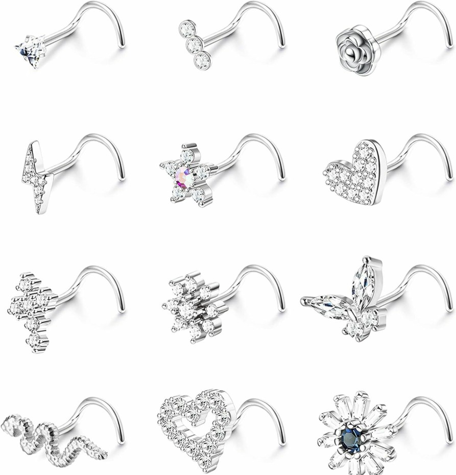 Best YADOCA Yadoca 12 Pcs 20G Nose Studs Surgical Steel L Shaped Nose Rings Studs For Women Men Cz Heart Butterfly Flower Snake Nose Piercing Jewelry