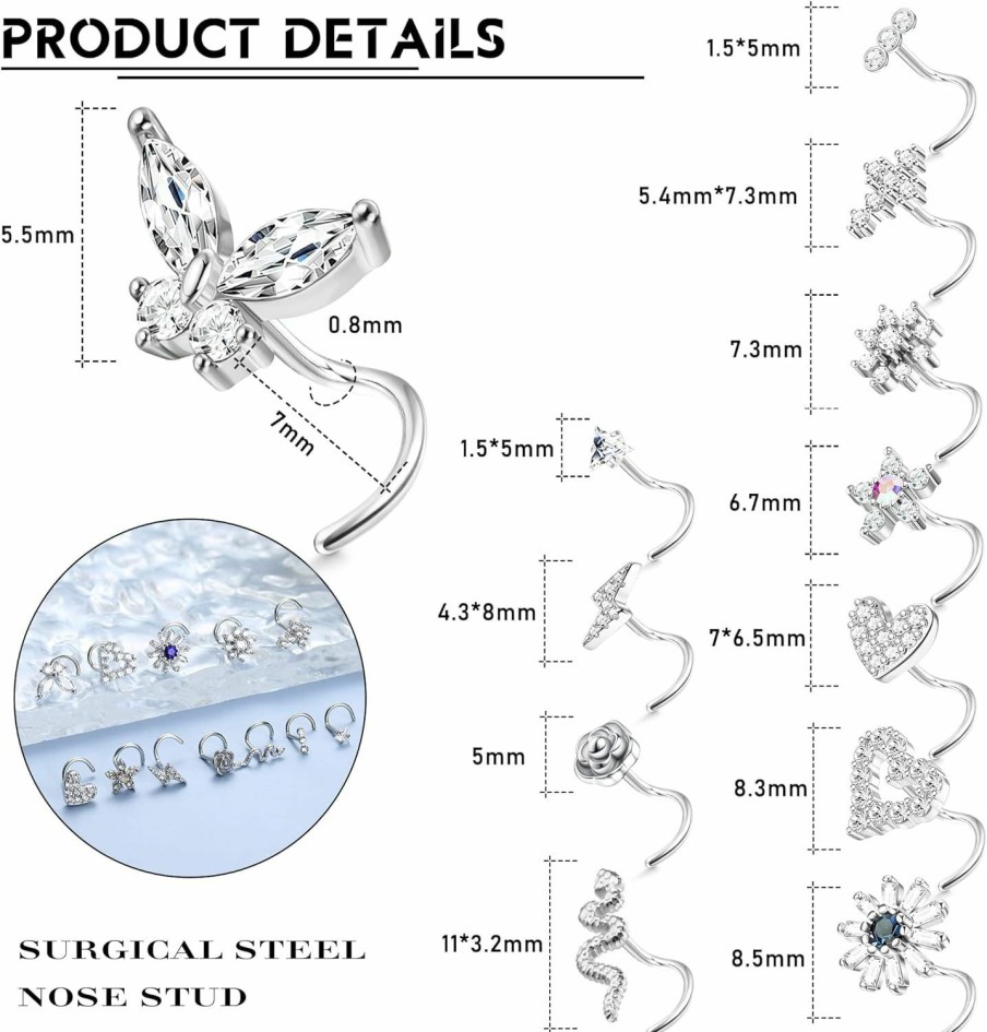 Best YADOCA Yadoca 12 Pcs 20G Nose Studs Surgical Steel L Shaped Nose Rings Studs For Women Men Cz Heart Butterfly Flower Snake Nose Piercing Jewelry