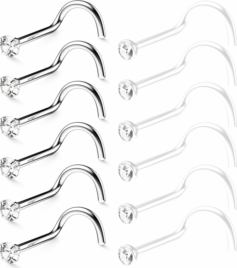 Best Belatti Belatti 12Pcs Clear Nose Ring For Women & Men Cz Cubic Zirconia - Biocompatible Clear Plastic & Steel Nose Stud Gauge Straight Bar Set - Hypoallergenic Bioflex Clear Nose Piercing Jewelry (Choose Gauge - Color - Gem Size)