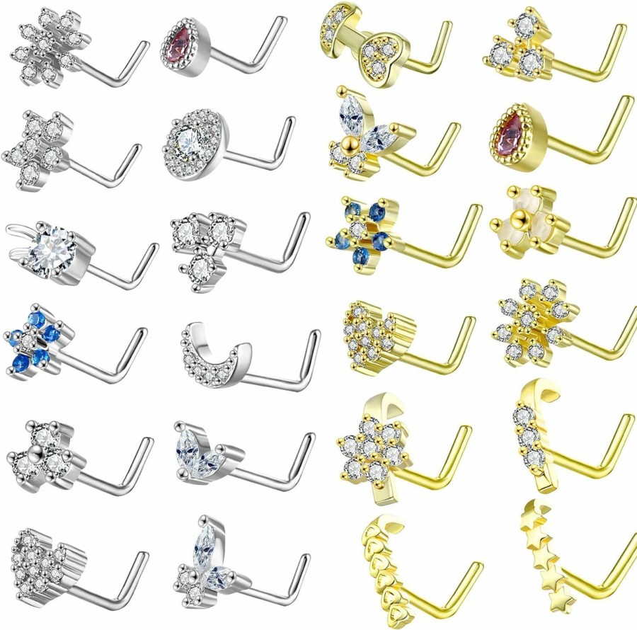 Hot JDXN Jdxn 24 Pcs 20G Nose Rings For Women Cz Nose Rings Piercing Screw Nose Studs L Shape Nose Nose Rings Studs Nose Piercings Jewelry