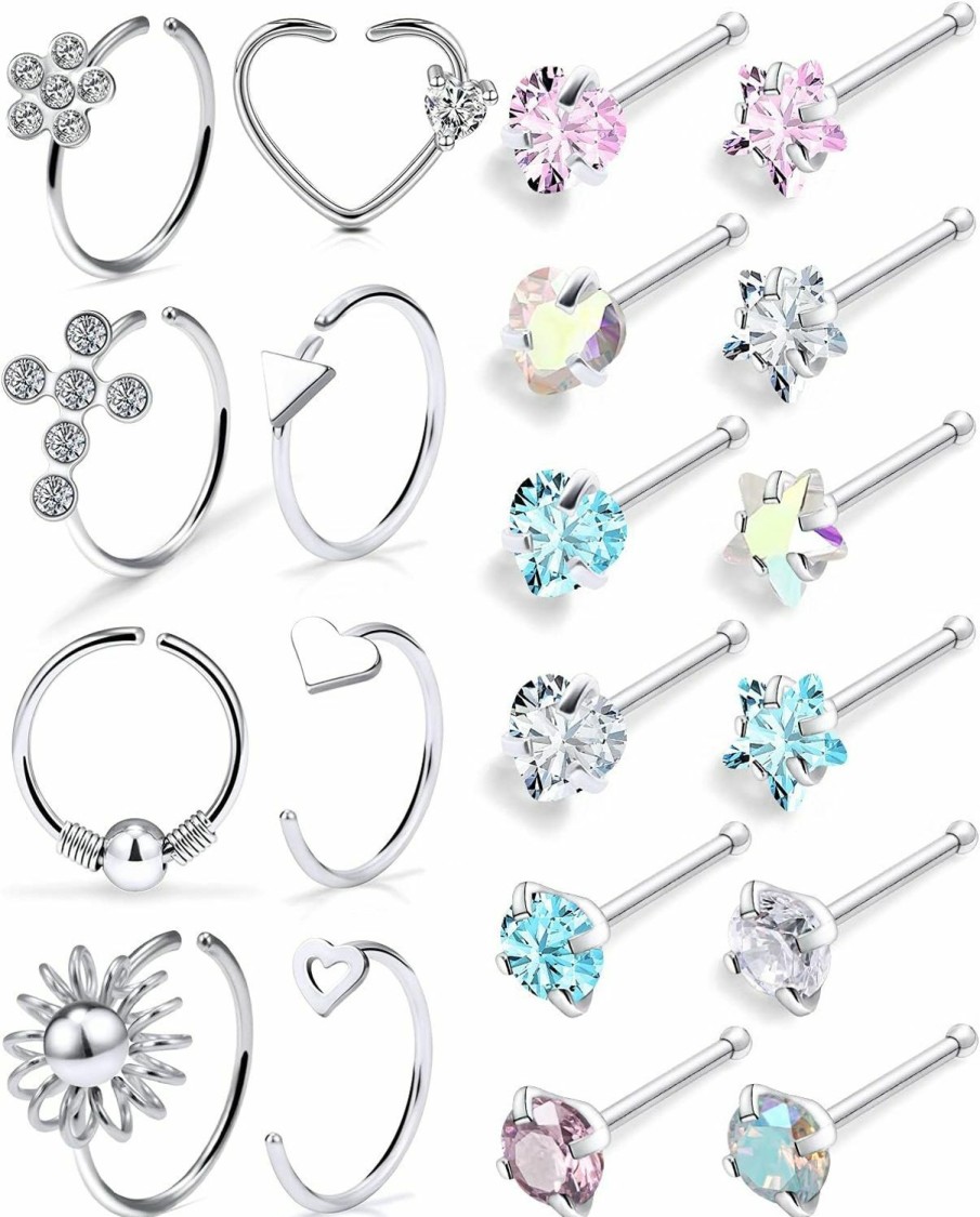 Wholesale Kridzisw Kridzisw 18G 20G Nose Rings Hoop Stainless Steel L-Shaped Nose Rings Studs Screw Clear Clicker Retainer Tragus Cartilage Helix Earrings Piercing Hoop 36Pcs