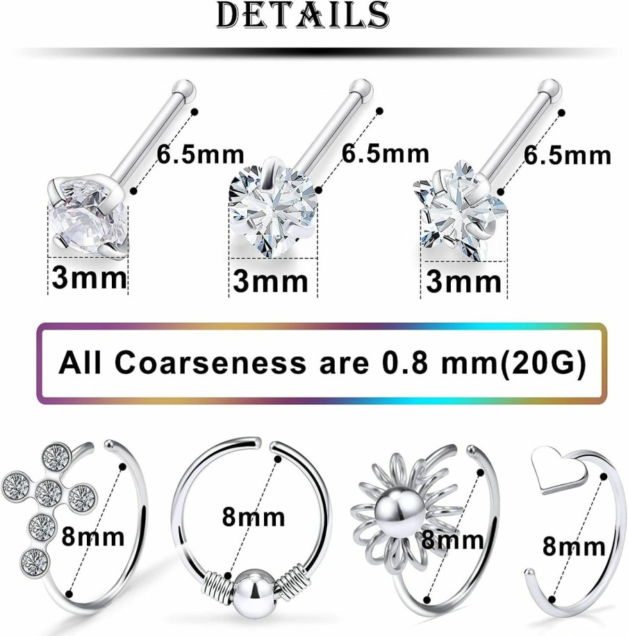 Wholesale Kridzisw Kridzisw 18G 20G Nose Rings Hoop Stainless Steel L-Shaped Nose Rings Studs Screw Clear Clicker Retainer Tragus Cartilage Helix Earrings Piercing Hoop 36Pcs