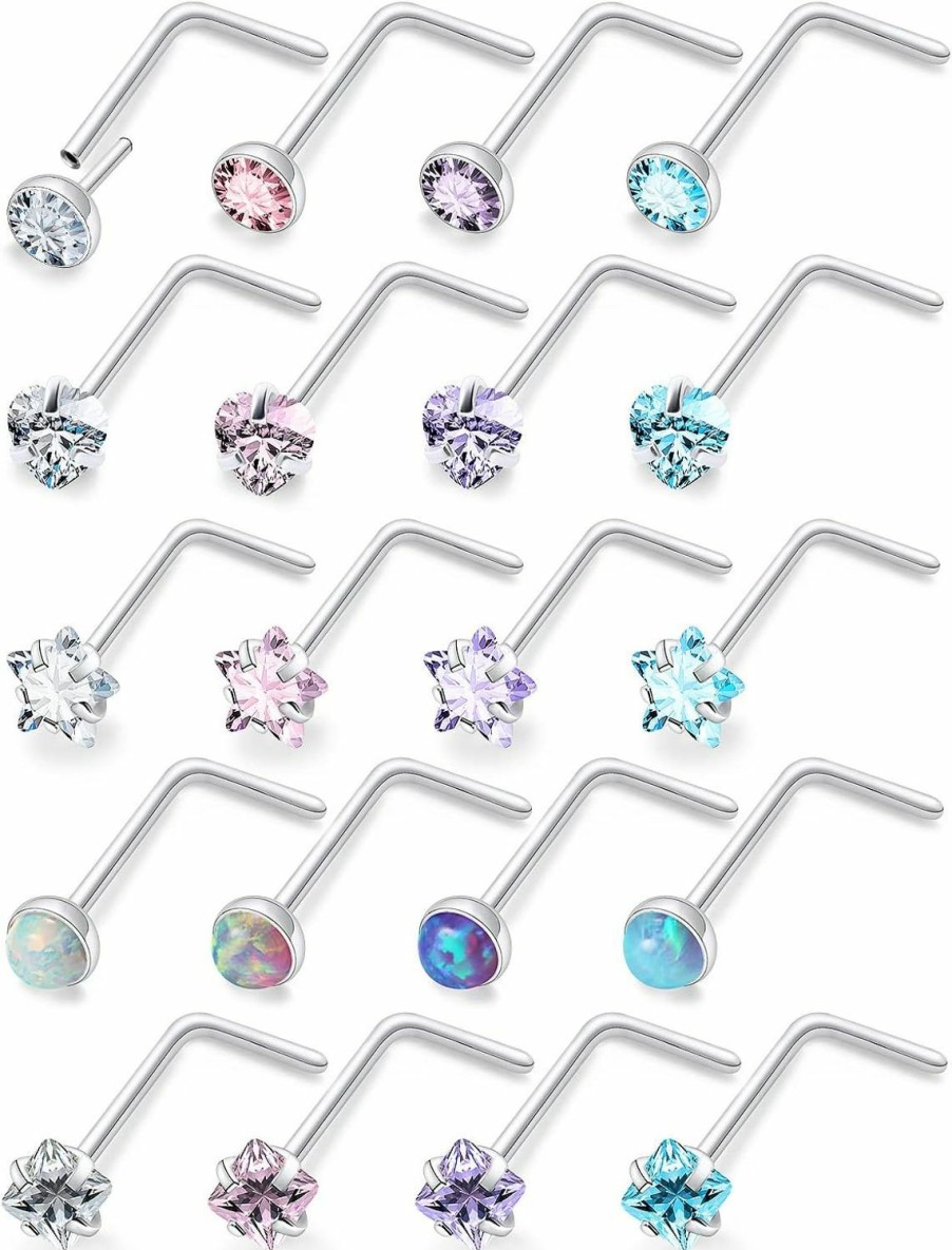 Wholesale Vsnnsns Vsnnsns 18G 20G Threadless Push In Nose Rings For Women 316L Surgical Stainless Steel L Shaped Nose Studs Screw Bone Nose Rings Piercings Opal Nostril Piercing Studs Diamond Cz 2Mm Silver 20Pcs