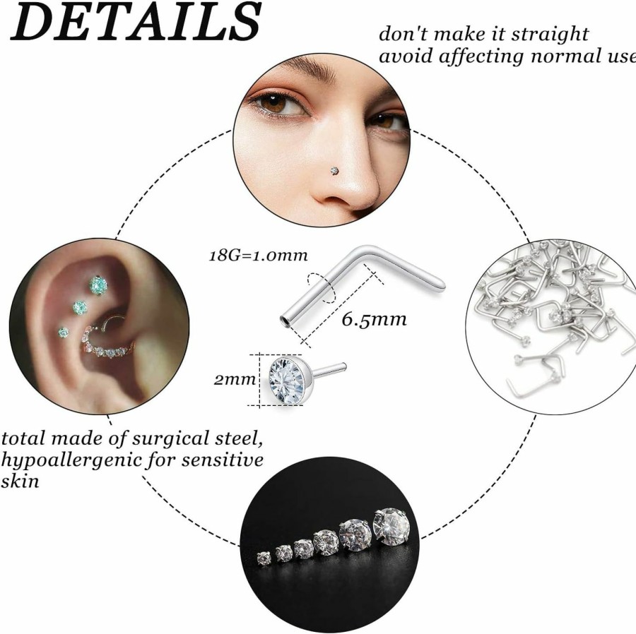 Wholesale Vsnnsns Vsnnsns 18G 20G Threadless Push In Nose Rings For Women 316L Surgical Stainless Steel L Shaped Nose Studs Screw Bone Nose Rings Piercings Opal Nostril Piercing Studs Diamond Cz 2Mm Silver 20Pcs