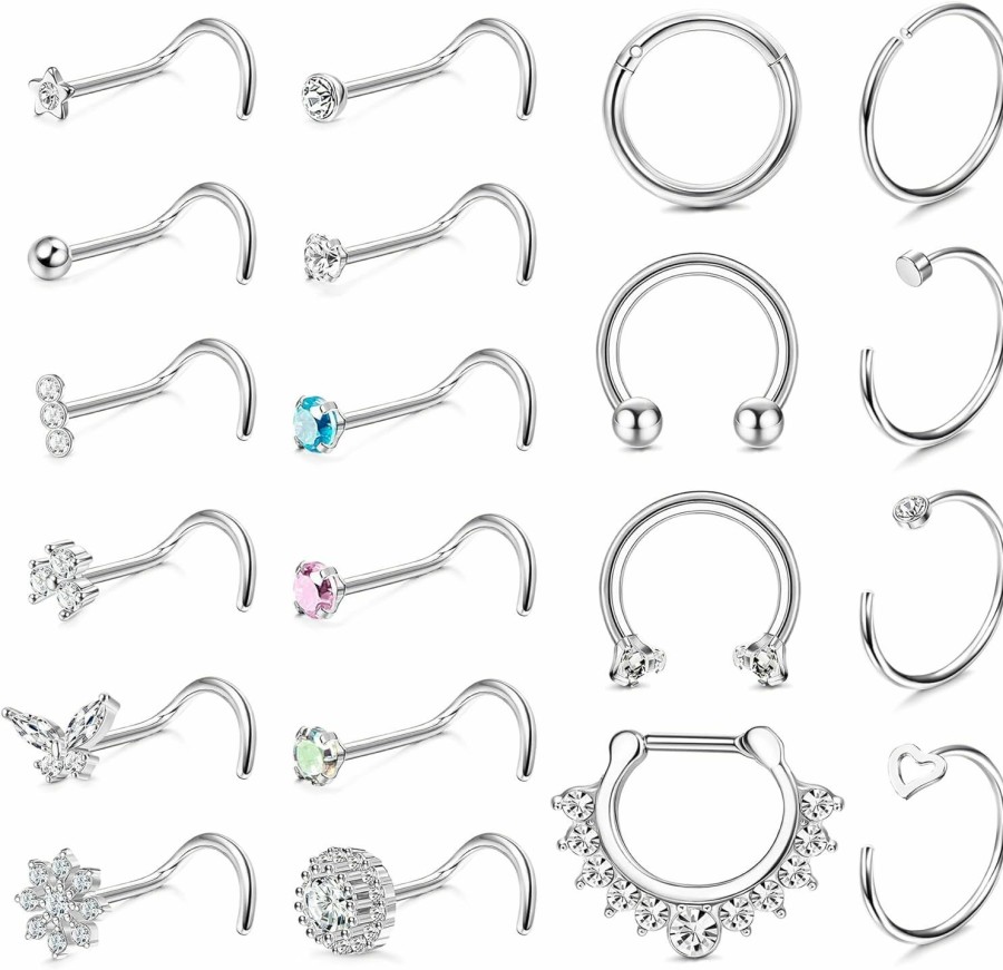 Clearance YADOCA Yadoca 20Pcs 20G Surgical Steel Nose Studs Rings For Women Men Hypoallergenic Nose Screw Stud Hoop Set 16G Septum Rings Cz Inlaid Nostril Nose Piercing Jewelry