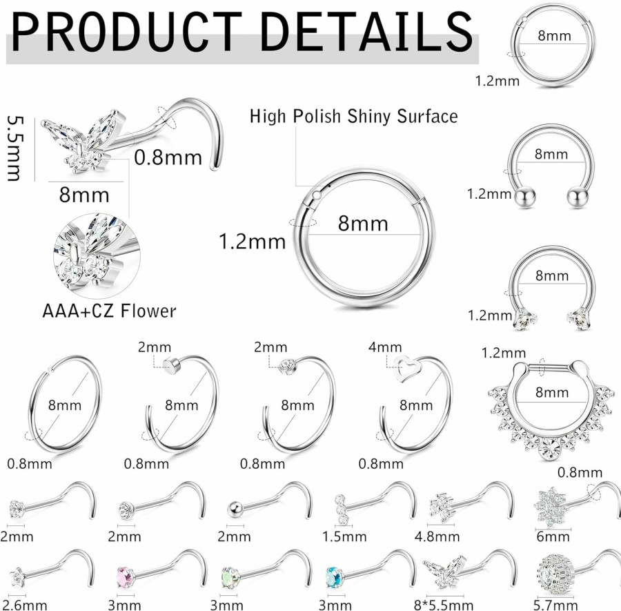 Clearance YADOCA Yadoca 20Pcs 20G Surgical Steel Nose Studs Rings For Women Men Hypoallergenic Nose Screw Stud Hoop Set 16G Septum Rings Cz Inlaid Nostril Nose Piercing Jewelry