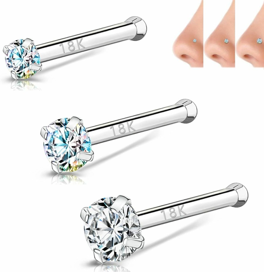 Wholesale BodyAce Bodyace 18K White Gold Nose Rings For Women Men, 20G Real Solid 18K Nose Rings Studs, Simulated Diamond Nose Piercing Jewelry 1.5Mm 2Mm 3Mm