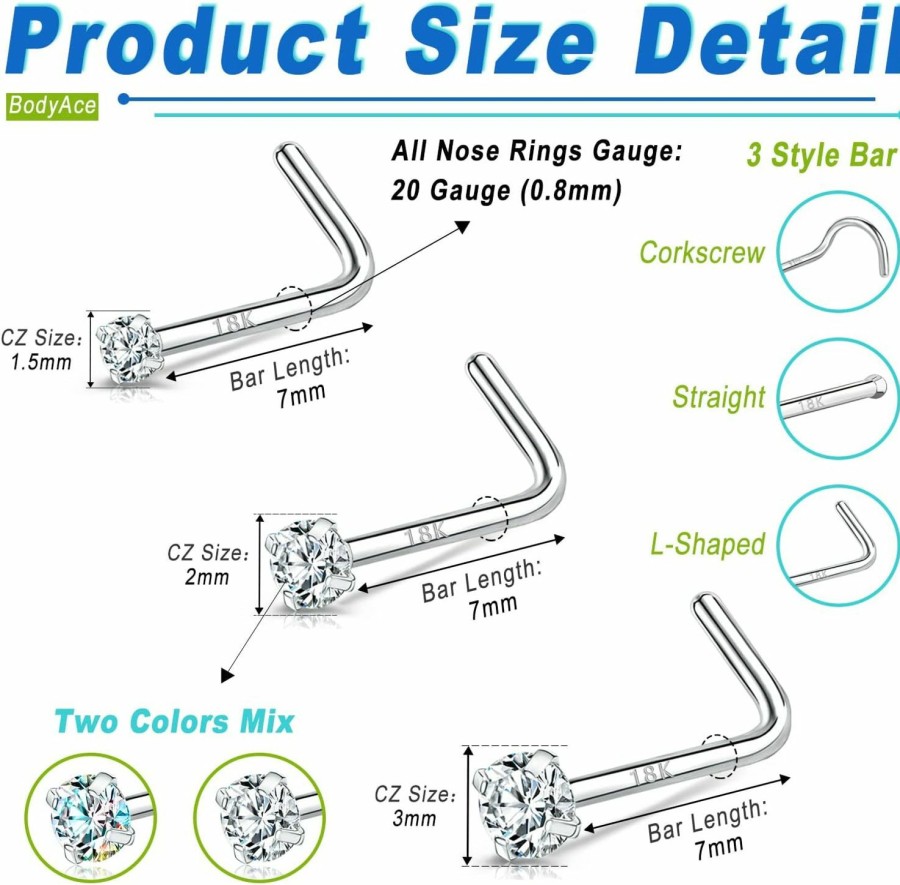 Wholesale BodyAce Bodyace 18K White Gold Nose Rings For Women Men, 20G Real Solid 18K Nose Rings Studs, Simulated Diamond Nose Piercing Jewelry 1.5Mm 2Mm 3Mm