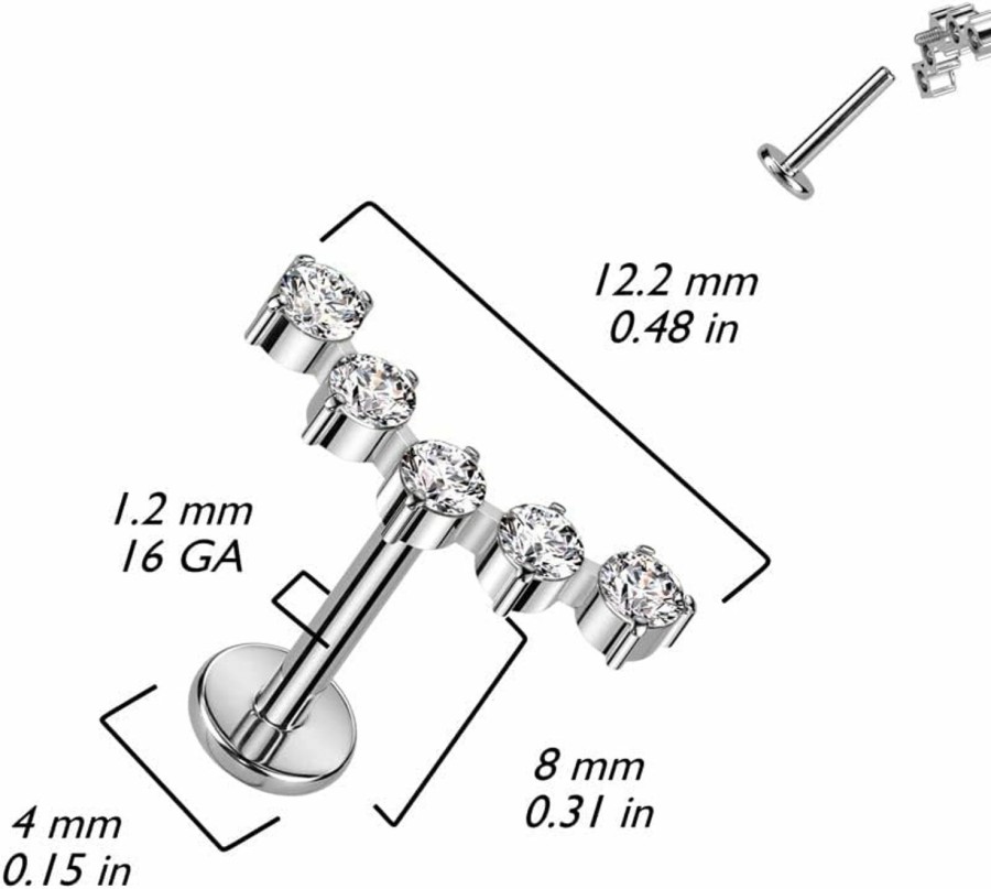 Hot Pierced Owl Pierced Owl 16Ga F136 Implant Grade Titanium Internally Threaded Five Cz Crystal Curved Top Flat Back Stud