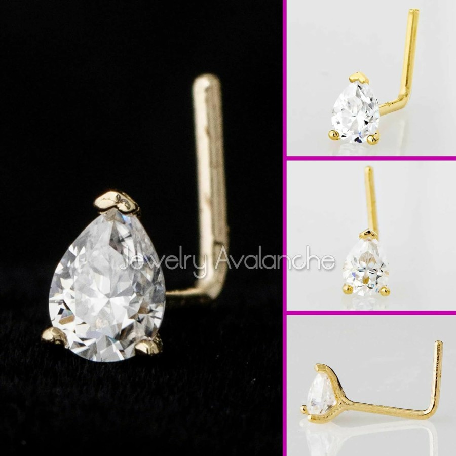 New Jewelry Avalanche Jewelry Avalanche Pear Shape Moissanite 14K Gold L-Shape Nose Stud 22G L-Bend Nose Ring Stud V-Prong Set Teardrop Gemstone Uni Stud