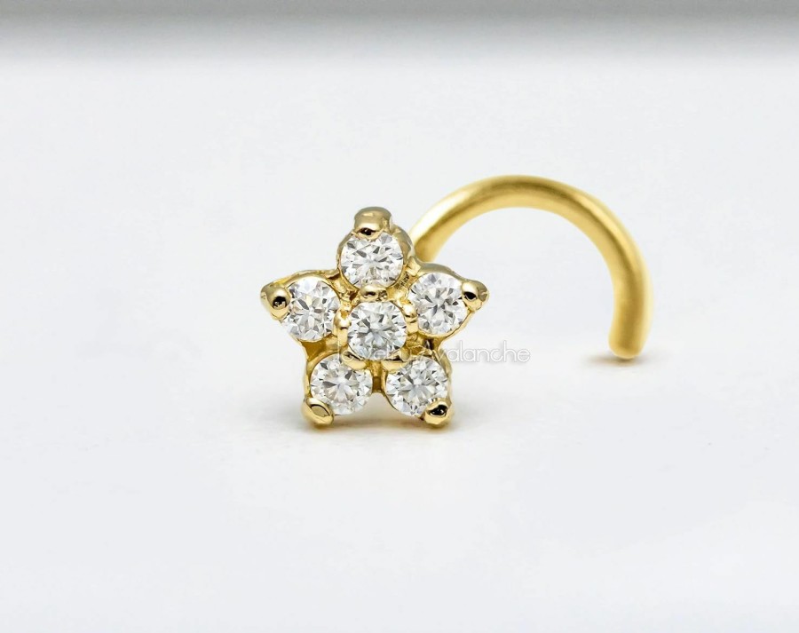 Best Jewelry Avalanche Jewelry Avalanche 0.05Ct Moissanite 14K Gold Nose Stud Flower 20G Nose Ring L-Shape/Nose Bone/Nose Screw On White Gold/Yellow Gold - Sold Per Piece