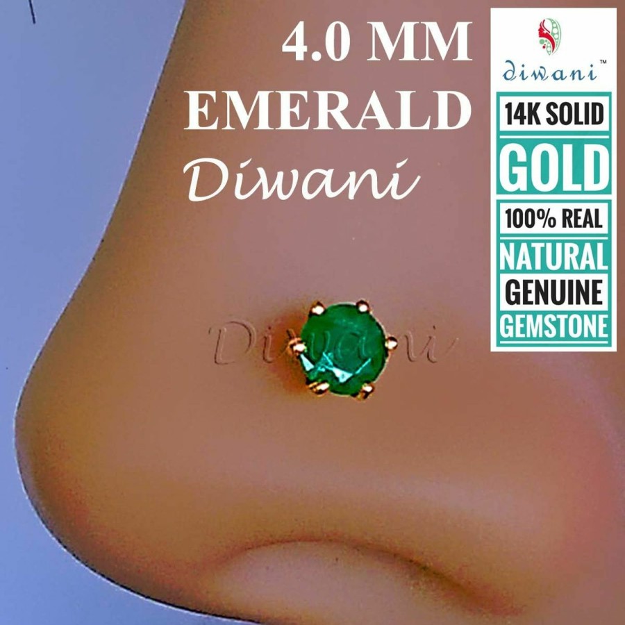 New DIWANI Diwani 14K Gold 4.0Mm Natural Emerald Gemstone Engagement Wedding Nose Lip Labret Monroe Body Piercing Ring Stud Pin Screw (0.230 Cents, Color- Green) 18 Gauge Thick 8.0Mm Length Screw Back Post