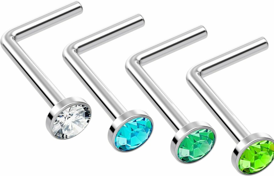 Best Evonix 4Pc L Shaped Nose Ring 18G 1Mm 7Mm Flesh Nostril Screw Nose Ring Crystal Hypoallergenic 316Lvm Surgical Steel Stud Piercing Jewelry