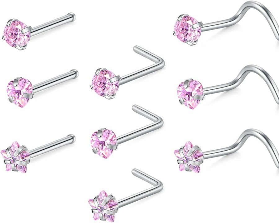 New CHARMONLINE Charmonline 9Pcs 20G Surgical Stainless Steel Nose Stud Nose Rings Piercing Nose Bone L/S Shaped Nose Screws Ring Set