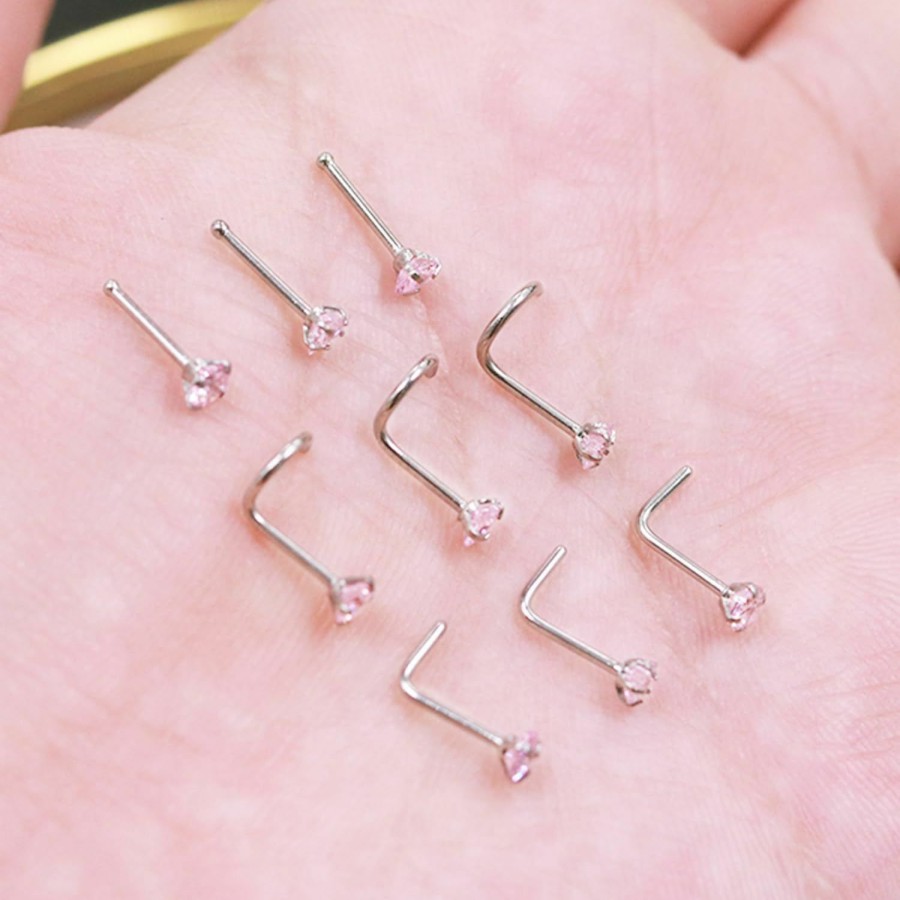 New CHARMONLINE Charmonline 9Pcs 20G Surgical Stainless Steel Nose Stud Nose Rings Piercing Nose Bone L/S Shaped Nose Screws Ring Set