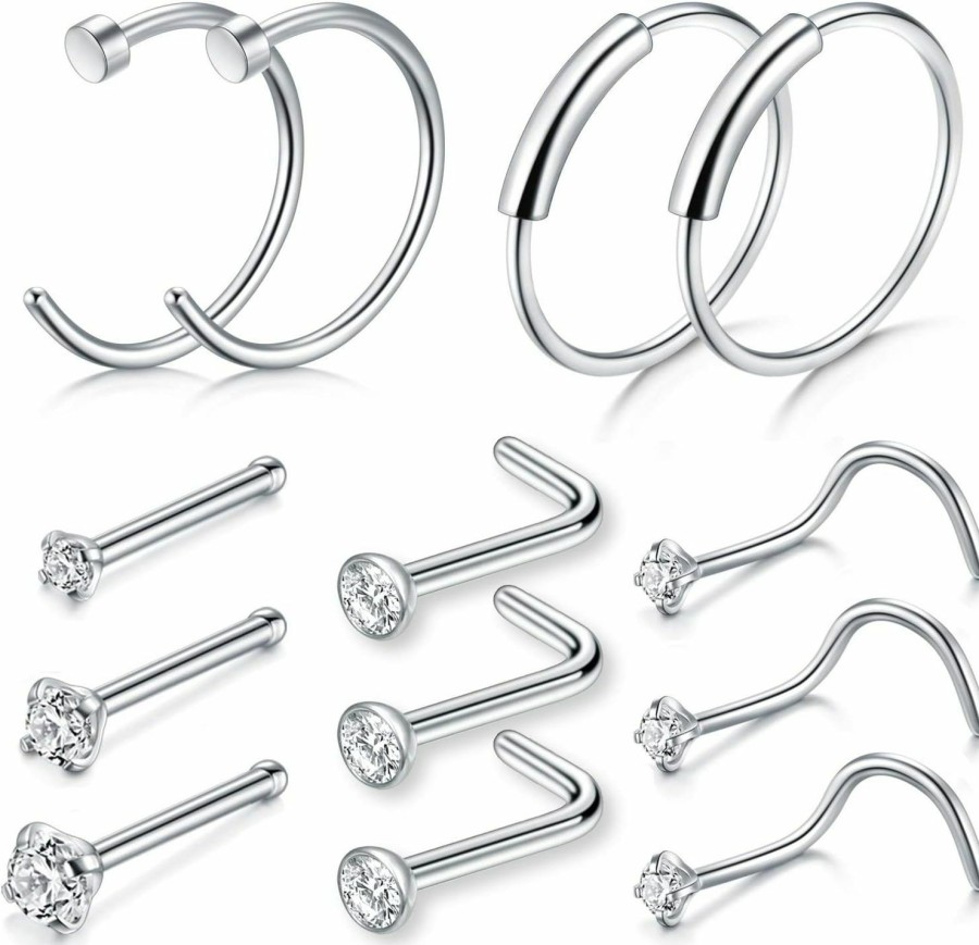 Wholesale Orano Orano 13Pcs 20G Nose Rings Hoop, Stainless Steel Cz Bone Screw L Shaped Nose Rings Studs Retainer Nose Piercings