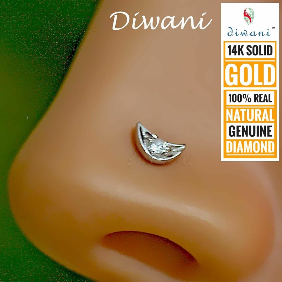 Hot DIWANI Diwani 14K Gold Gii Certified Natural Si Solitaire Diamond Moon Shape Engagement Wedding Nose Piercing Ring Stud Pin (0.030 Cents, E-F Color) 20 Gauge Thick 5.0Mm Length Spiral Wire Post