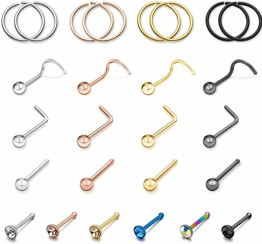 New PiercingJ Piercingj 26Pcs 20G Stainless Steel Czech Crystal Ball Nose Studs L Bone Screw Shaped Nose Rings Nostril Septum Hoops Body Piercing Jewelry For Women Men