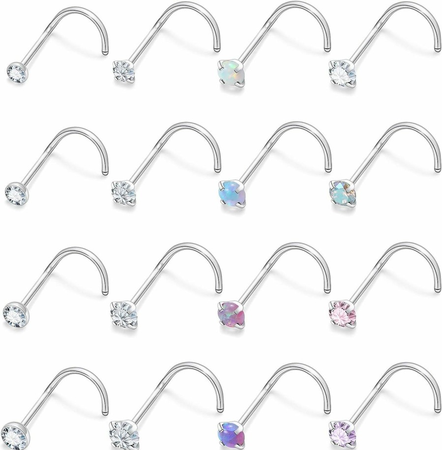 Wholesale Vsnnsns Vsnnsns 18G 20G 22G Opal Nose Rings Bone L Shaped Nose Studs Screw Surgical Stainless Steel 1.5Mm 2Mm 2.5Mm 3Mm Cz Nose Rings Studs Silver Nose Rings For Women Nose Nostrial Piercing Jewerly 16Pcs