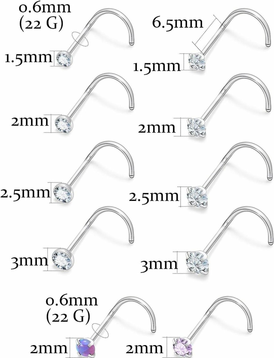 Wholesale Vsnnsns Vsnnsns 18G 20G 22G Opal Nose Rings Bone L Shaped Nose Studs Screw Surgical Stainless Steel 1.5Mm 2Mm 2.5Mm 3Mm Cz Nose Rings Studs Silver Nose Rings For Women Nose Nostrial Piercing Jewerly 16Pcs