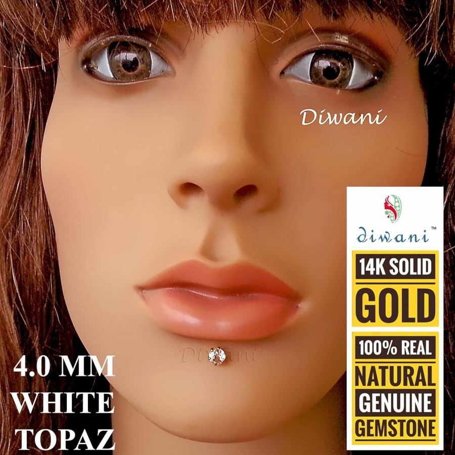 New DIWANI Diwani 14K Gold 4.0Mm Natural White Topaz Gemstone Engagement Wedding Nose Lip Labret Monroe Body Piercing Ring Stud Pin Screw (0.230 Cents, Color- White) 18 Gauge Thick 8.0Mm Length Screw Back Post